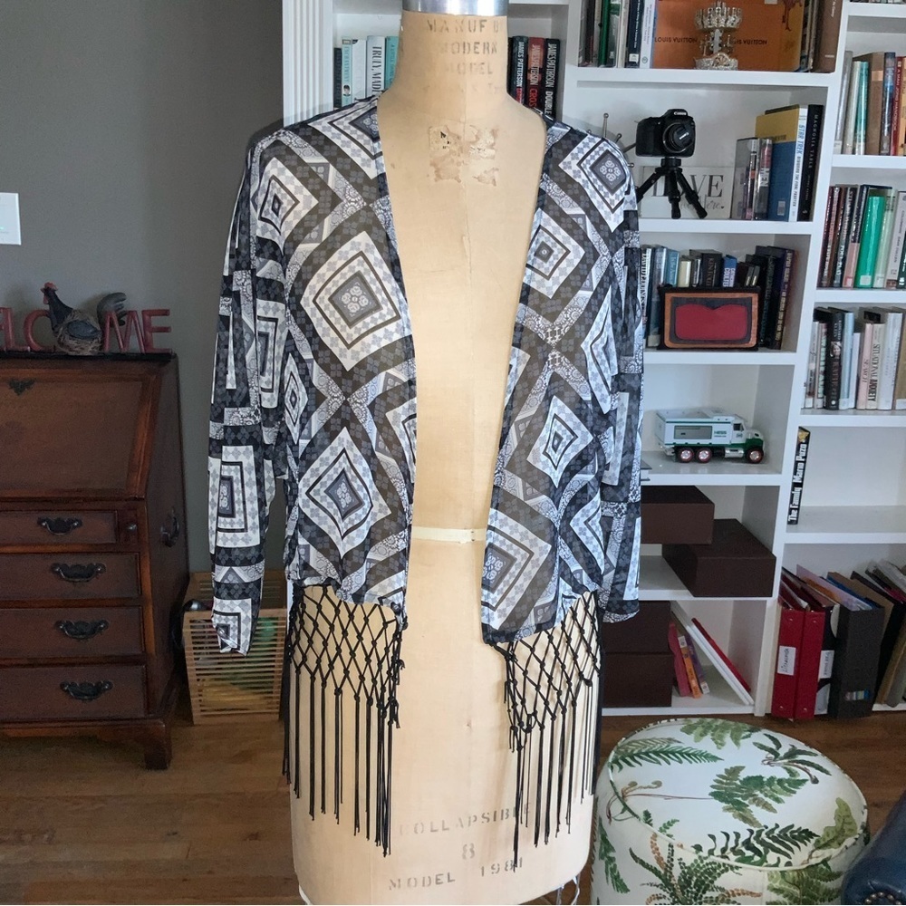 Aqua sheer black, white, grey cover up with fringe. Size S